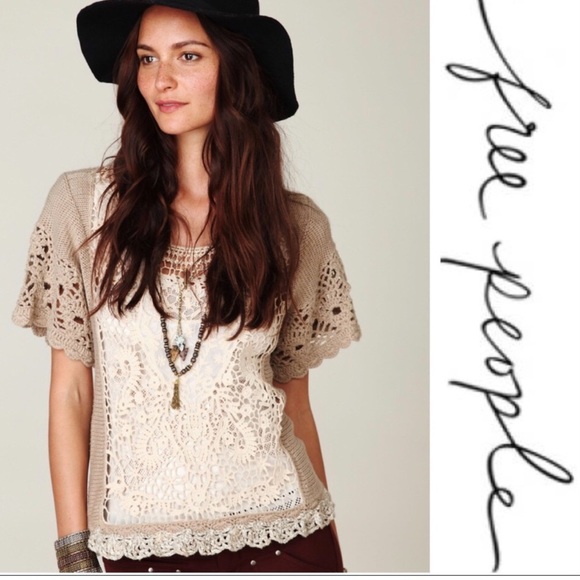 Free People Tops - Free People Lace Crochet Short Sleeve Sweater